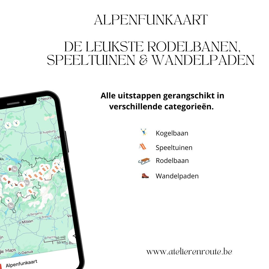 Overzicht van avontuurlijke activiteiten voor gezinnen in de Alpen, weergegeven op een interactieve Google Maps-kaart.
