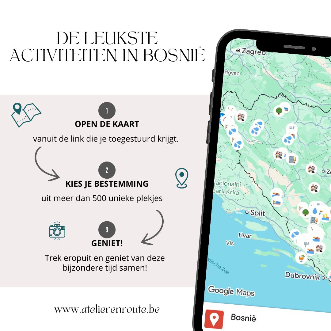 Kindvriendelijke eet- en speelplekken in Bosnië op een overzichtelijke Google Maps-kaart voor gezinnen.