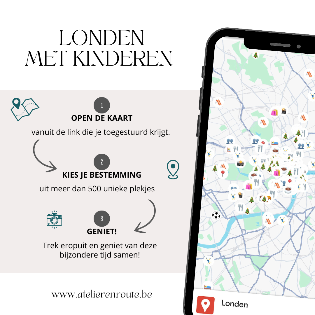 Detail van Google Maps kaart Londen met kindvriendelijke activiteiten, winkels, restaurants en bezienswaardigheden, handig voor gezinnen