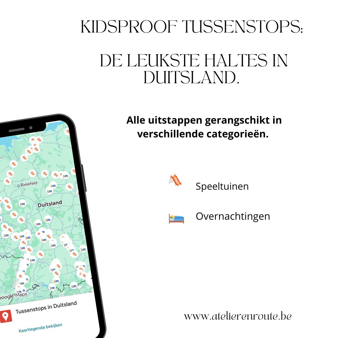 Overzicht van gezinsvriendelijke overnachtingen en speelmogelijkheden onderweg door Duitsland op een interactieve Google Maps-kaart
